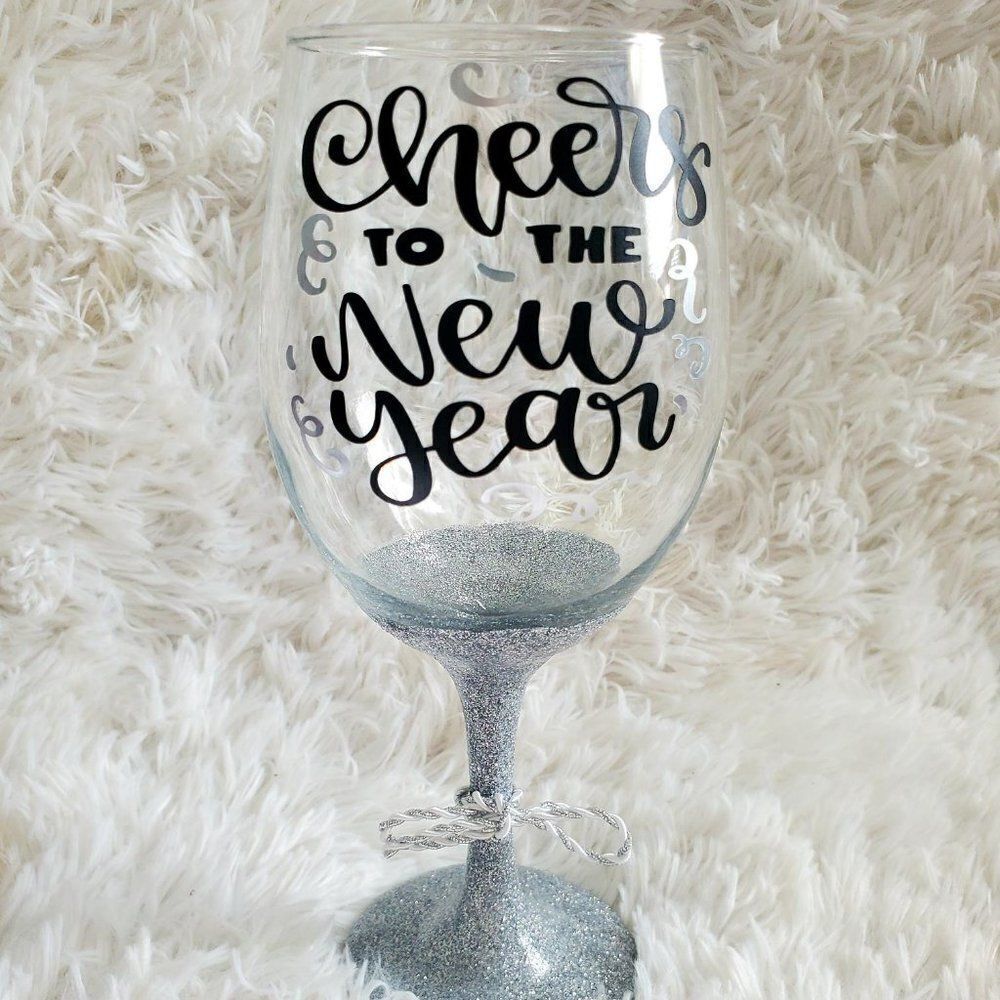 Cheers To The New Year, New Year's Silver Glittered Stemmed Wine Glass